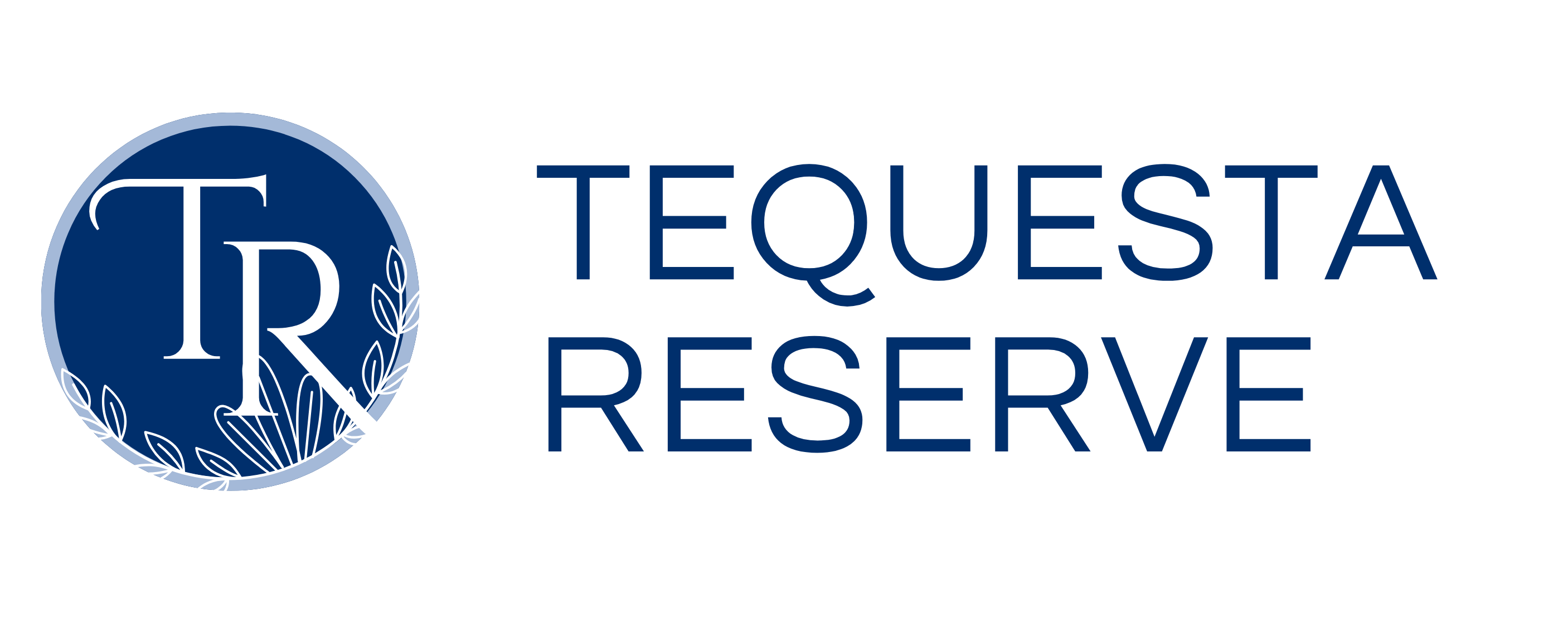 A logo with the letters "TR" surrounded by a circle of leaves and vines, with the words "TEQUESTA RESERVE" written in blue.